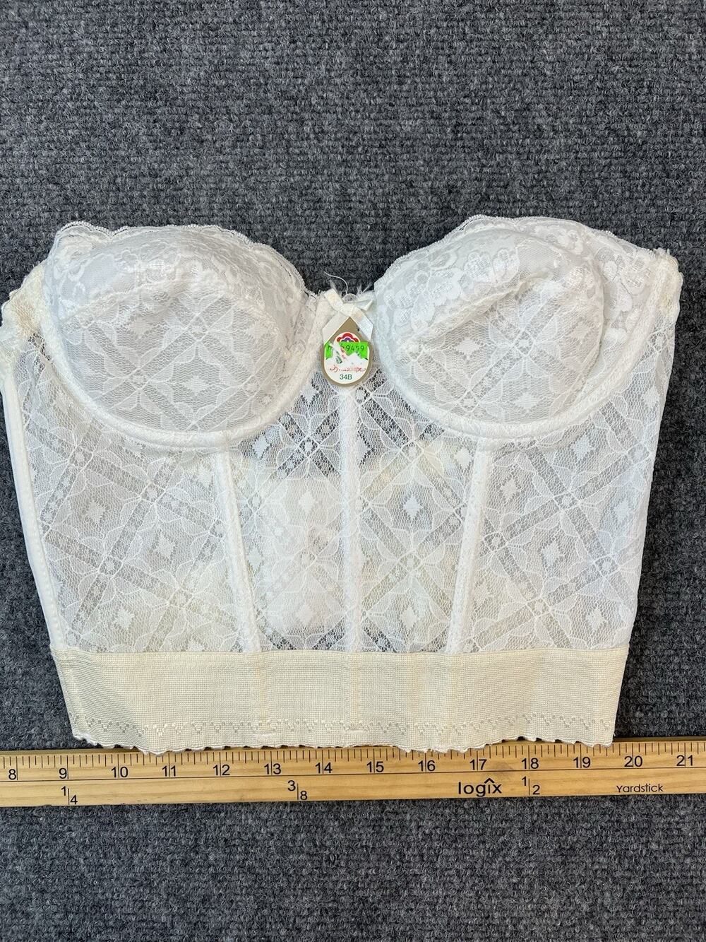 Vintage Intima Bustier Corset 34B White Lace Longline Bra Made in Hong Kong